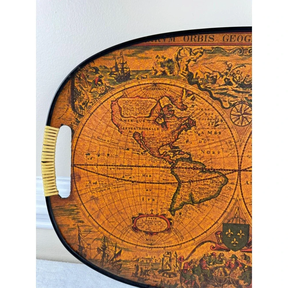 Vintage World Map Oval Serving Tray Orbis Geographica Wicker Handles 18.5 Inch